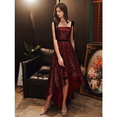 Burgundy High Low Cocktail Dress Spaghetti Straps Sequined Prom Gowns Saudi Arabic Sexy Long Backless Graduation Christmas Dress