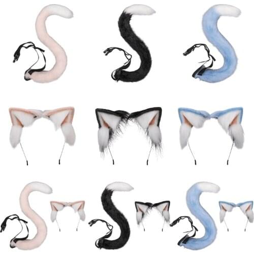 Lolita Headbands Furry Animal Cat Ears Headwear Tail Set Kawaii Hair Hoop for Halloween Cosplay Headpiece Party Supplies