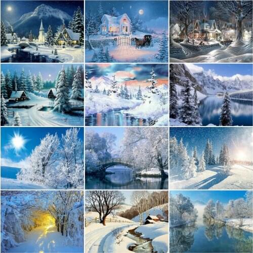 HUACAN Oil Painting By Number Winter Landscape For Adults DIY Frame Picture By Numbers House Tree Paint On Canvas Home Decor