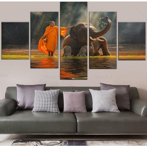 Thai Monks and Baby Elephant Playing by the Stream Canvas Paintings Wall Decor Thailand Zen Buddhist Pictures for Living Room