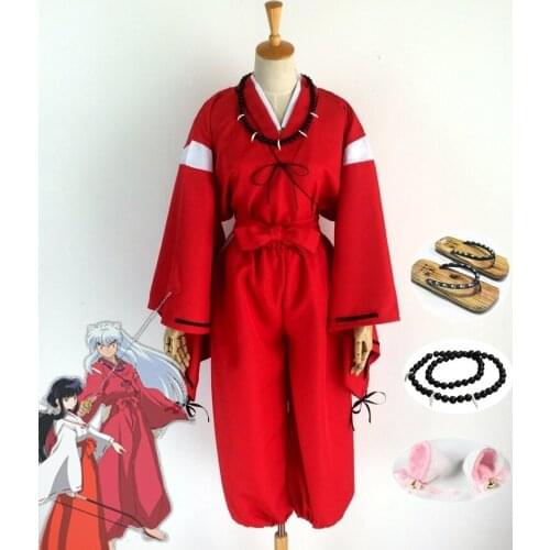Anime InuYasha Cosplay Costume InuYasha Cosplay Kimono Outfit+Wig+Clogs+Ears+Necklace Halloween Party Costumes for Women/Men