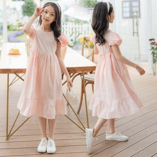 Summer Kids Dresses for Girls Cotton Children Clothing Teen Girl Dress Elegant Pink Puff Sleeve Princess Dress 6 8 10 12 14 16Y