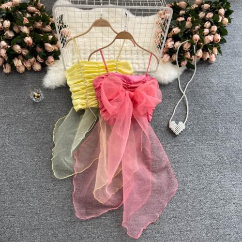 Sweet Ladies Spaghetti Strap Vest Sexy Backless Back Mesh Bow Short Camis Summer Camisole Women Sleeveless Tank Crop Top 4 Color