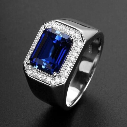 Square Sapphire&Emerald ring for men white gold plated blue green diamond gemstone wedding jewelry bijoux bague party accessory