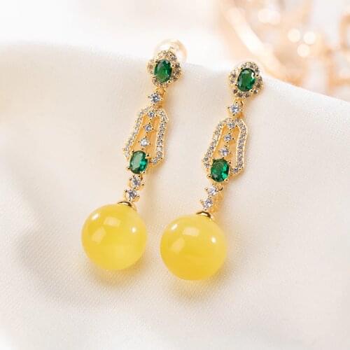 Natural 925 sterling silver gilt inlaid round beads amber earrings temperament long sterling silver women earrings