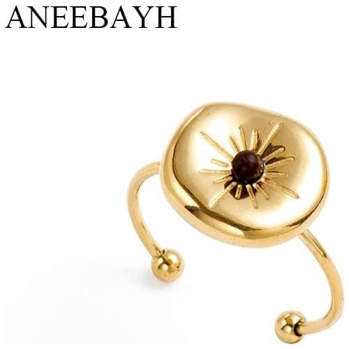 Stainless Steel Gold Metal Rings Round Shape With Black Stone Engraved Sun Flower Thin Circle Open Finger Rings For Women Bague