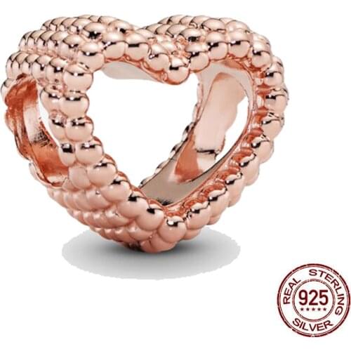 New 925 Sterling Silver Bead Rose Gold Beaded Open Heart Charm DIY fine beads Fit Original Pandora Charms Bracelet Jewelry 2021