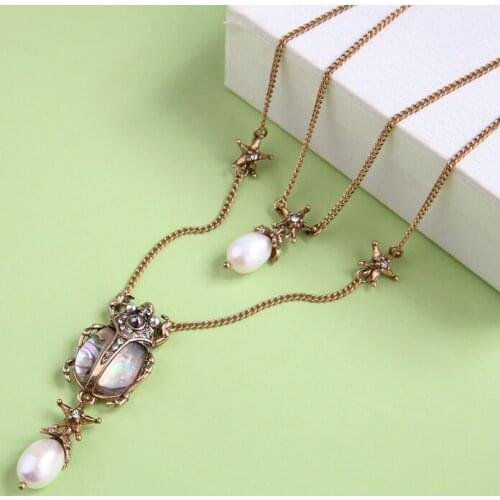 BALANBIU 2019 Layered Necklace For Women Detachable Resin Cultured Pearl Crystal Insect Pendant Necklace Vintage Jewelry