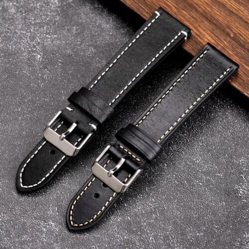 Handmade Black Leather Watchband 20MM 22MM First Layer Cowhide Retro Style, Soft Hand Stitched Strap