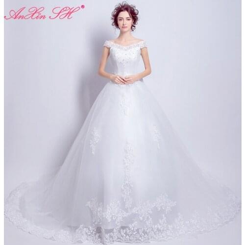 AXJFU Luxury lace word shoulder princess wedding dress bride Slim large tail lace wedding dress new winter 5958
