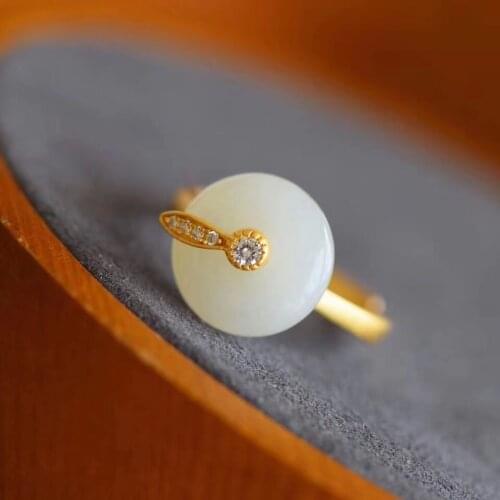 S925 Sterling Silver White Jade Ring Fashionable Elegant Ancient Hetian Jade Peace Buckle Ring Female to Give Mom Birthday Gift
