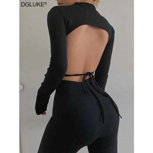 Sexy Backless Long Sleeve T shirt Tops Women 2020 Summer Autumn Hollow Out Bandage Bodycon Party Crop Top Clubwear White Pink