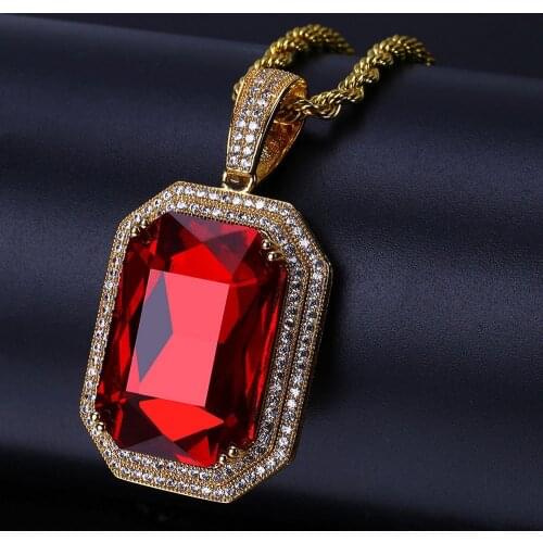 Hip Hop Paved AAA Cubic Zirconia Iced Out Bling Red Stone Geometric Pendants Necklace for Men Rapper Jewelry Gold Silver Color