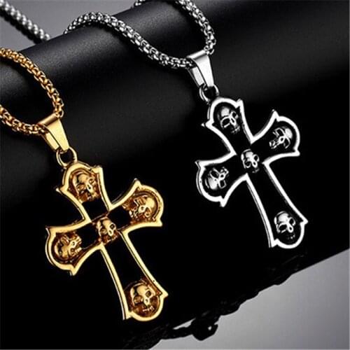 Vintage Hollow Cross Skull Pendant Necklace For Men Mens Necklace Pendants Unique jewelry Gold Silver Colors Punk Necklace
