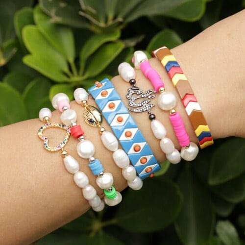 Vintage Natural Freshwater Pearl color zircon Gold Evil-Eye Pendant Handmade Weave Beaded Charm Bracelet For Women Girl Jewelry