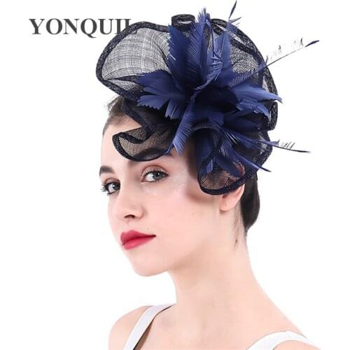 Fancy Feather Flower Navy Fascinator Hat Headband Bride Women Wedding Headwear Fashion New Headpiece With Hair Pin Chapeau Cap