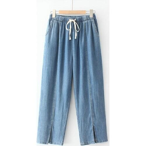 Plus Size Jeans For Women Elastic Waist Looser Design Of Pant Leg Slit Extra Large Under 220 Pounds For Fatlady Wear In Summer