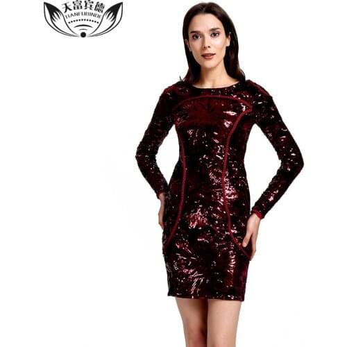 Women Summer Sexy Dresses Wine Red Sequins Design Party Dress Fashion Long Sleeve Mini Sequin Embroidery Bandage Dress For Women