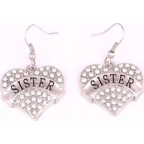 Women Earrings Heart Shape Pendant With Crystals SISTER Written Female Jewelry Zinc Alloy Material Provide Dropshipping