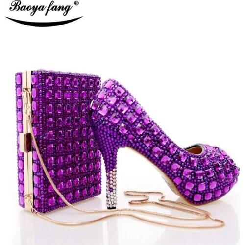 New Purple cyrstal wedding shoes with matching bags fashion Peep toe Woman party dress shoes Fish toe high heels shoes