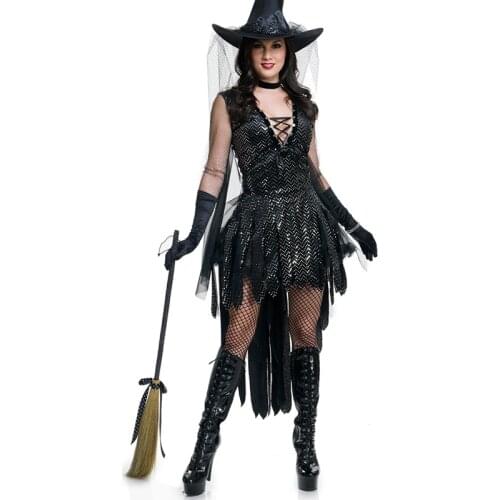 Halloween Ladies Black Sequins Witch Costume Adult Women Book Day Wicked Sorceress Fancy Dress