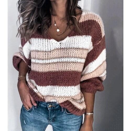 New Women Winter Warm Fashion V-Neck Striped Patchwork Long Sleeve Sweater Knitted Jumper Pullover