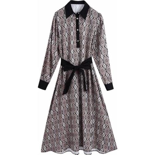 Evfer Women Sprint Autumn Vintage Geometric Print Za Long Dresses With Belt Casual Lady Turn-Down Collar High Waist Slim Dress