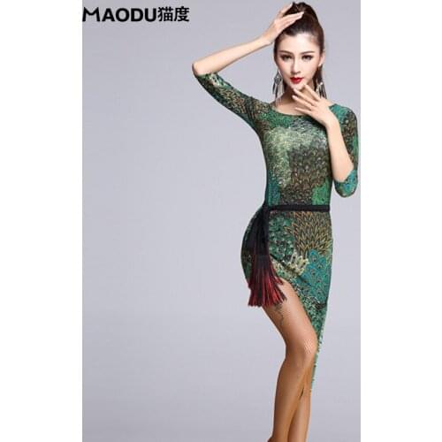 Lady Latin Dance Dress Women Green Leopard Dancing Costome Half Sleeve Adult Samba Costume Performance Wear B-6931
