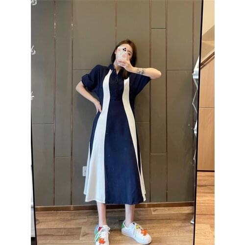 2021 New Style Dresses Women Classic Cherry Embroidery Colorblock POLO Collar Short Sleeve Dress