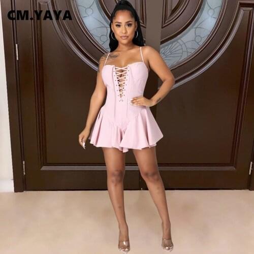 CM.YAYA Women Pleated Mini Dress Solid Spaghetti Strap Slash Neck Crisscross Bandage Fit and Flare Dresses Sexy Fashion Outfit