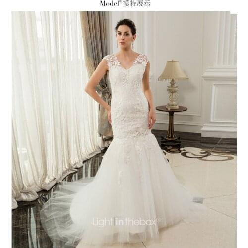 Free shipping v-neck vestido de noiva appliques 2016 bridal gown new Cheap casamento lace mermaid wedding Dress bride dresses