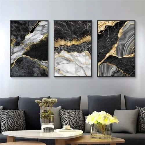 Abstract Wall Art Black White Canvas Painting Marble Mosaic with Golden Veins Posters Prints Wall Picture for Living Room Decor