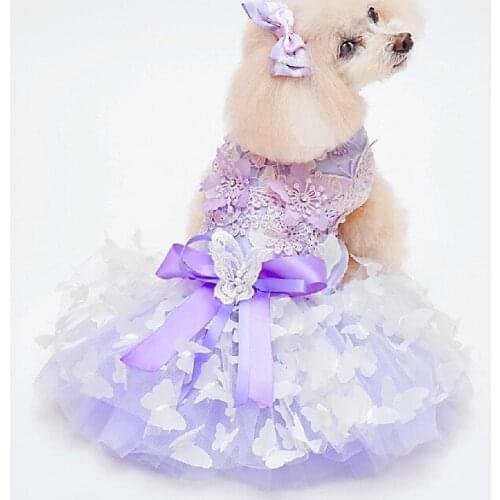 Free Shipping Handmade Dog Clothes Dog Dress Princess Purple 3D Butterfly Embroider More Layers Tulle Skirt Pet Evening Gown