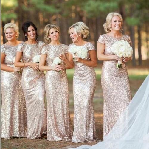 Sparkly Champagne Gold Sequins Bridesmaid Dresses Plus Size Backless Long Wedding Party Guest Gowns Short Sleeves Custom Made