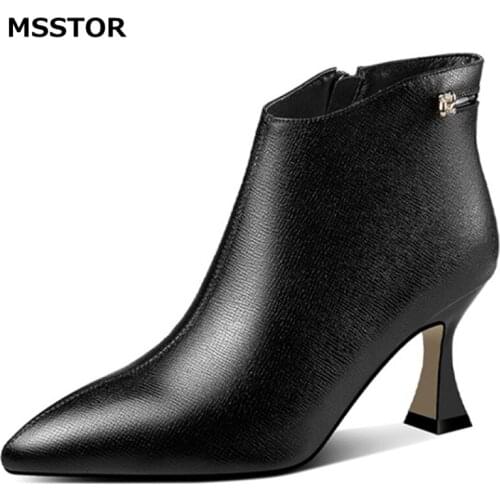 Pointed Toe Ankle Boots Women Sewing Strange Style Zipper Genuine Leather Rivet Solid Black For Shoes Women Fashion Party Sexy
