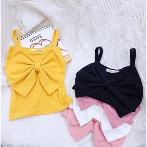 Mihkalev Candy Color 2020 Kids Summet Clothes Bow Baby Girl Sling Tshirt And Tops 2 3 4Year Children underwaist Tee Clothing