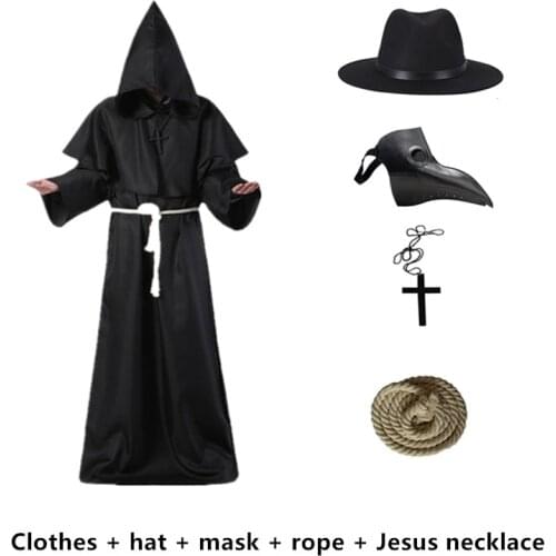 Halloween Medieval Hooded Robe Plague Doctor Cosplay Costume Mask Hat Adult Cosplay Steampunk Priest Horror Wizard Cloak On sale