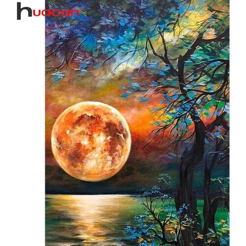 Huacan Diamond Painting Moon Night Scenery Full Square/round Diamond Embroidery Seaside Tree Mosaic Landscape Home Decor