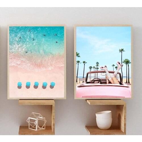Blue Sea and Beach Painting Fashion Woman Poster Vogue Prints Wall Art Picture for Living Room Bedroom Hotel Decoration