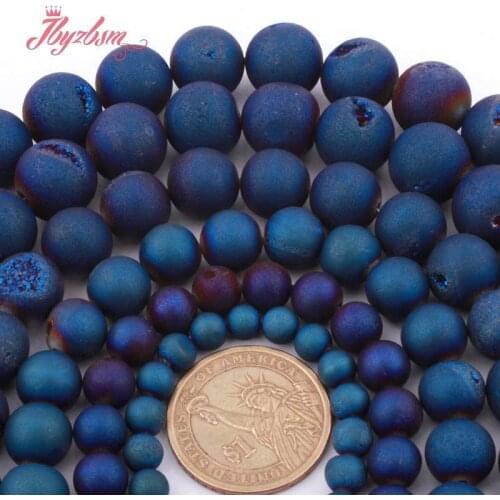 Round Blue Geode Agates Druzy Agates Natural Stone Loose Bead for DIY Accessories Women Men Necklace Bracelet Jewelry Making 15"
