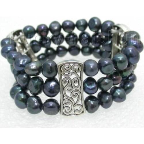 Hot sell Noble stretchy! 3row 9mm baroque black pearls bracelet elasticity Noble style Natural Fine jewe SHIPPING new