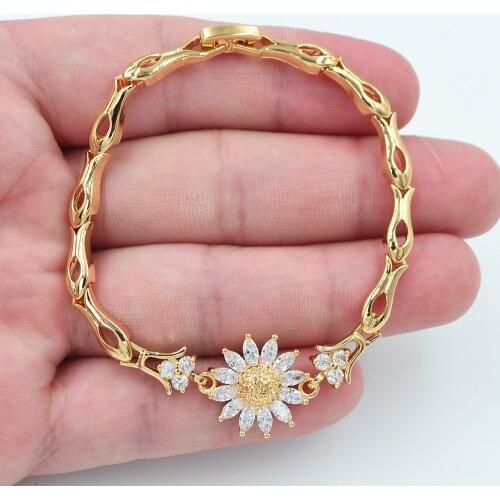 Fashion Jewelry Gold Color Clear Zircon CZ Stone Sunflower Charm Bracelet for Women Wedding