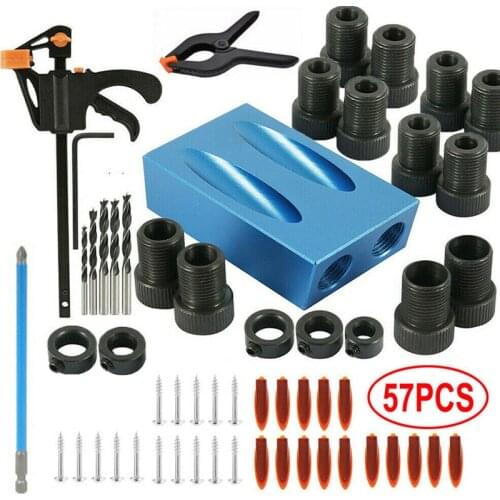 57PCS Woodworking Oblique Hole Locator Jig Kit 15 Degree Angle Drill Guide Set Hole Puncher DIY Carpentry Tools Drill Bits