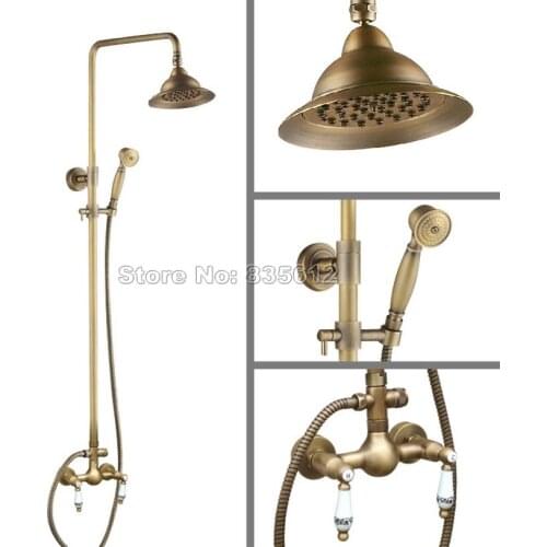 Bathroom Wall Mounted Antique Brass Rain Shower Faucet Set with Handheld Shower + Dual Ceramic Handle Mixer tap Wan105