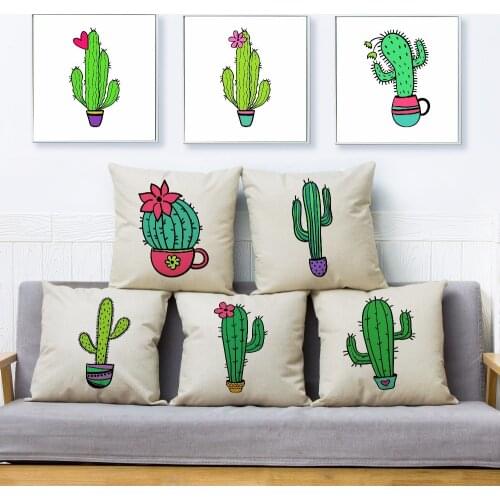 Cartoon Green Plant Cactus Print Throw Pillow Cover 45*45cm Textile Cushion Cover Linen Pillow Case Car Home Decor Pillows Cases