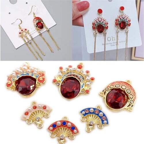 Newest Colorful Crystal Rhinestone Alloy Knife Ma Dan Peking Opera Mask Necklace Pendant Earring Necklace Fan Shape Metal Charms