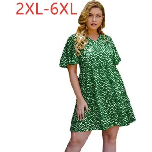 New 2021 Ladies Summer Plus Size Midi Dress For Women Large Short Sleeve Loose Casual Green Floral Print Dress 3XL 4XL 5XL 6XL