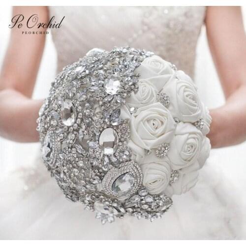 PEORCHID 2020 White Wedding Brooch Bouquet Crystal Ivory Silver Satin Rose flower Bridesmaids Gift Broach Jewelry Bridal Bouquet