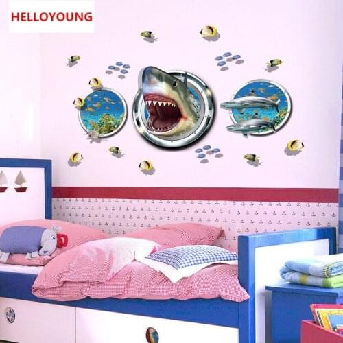 QT-0101 DIY 3D The Bottom Of The Sea Shark World Art Sticker Bedroom Home Decor Vinyl Wall Sticker Waterproof Rural Wallpaper