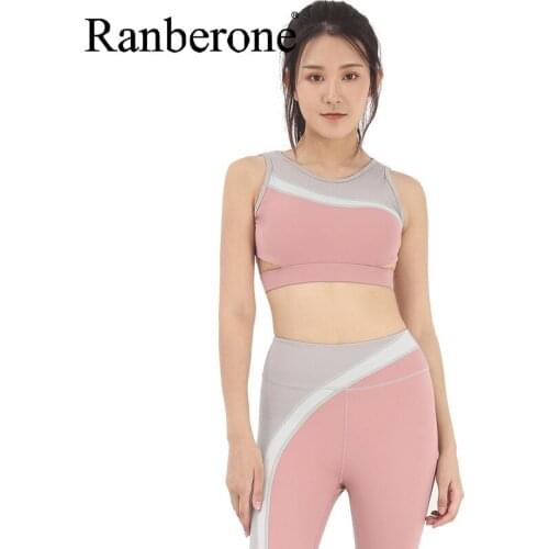 Ranberone Sports Underwear Womens Running Splice Top Sexy Mesh Breathable Yoga Top Push Up Female Gym Fitness Sportwear 2021